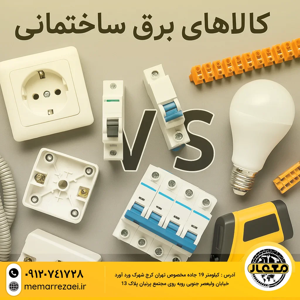 نمایی از تجهیزات برق ساختمانی شامل کلید و پریز، فیوز، سیم و کابل با طراحی حرفه‌ای برای پروژه‌های ساختمانی مدرن